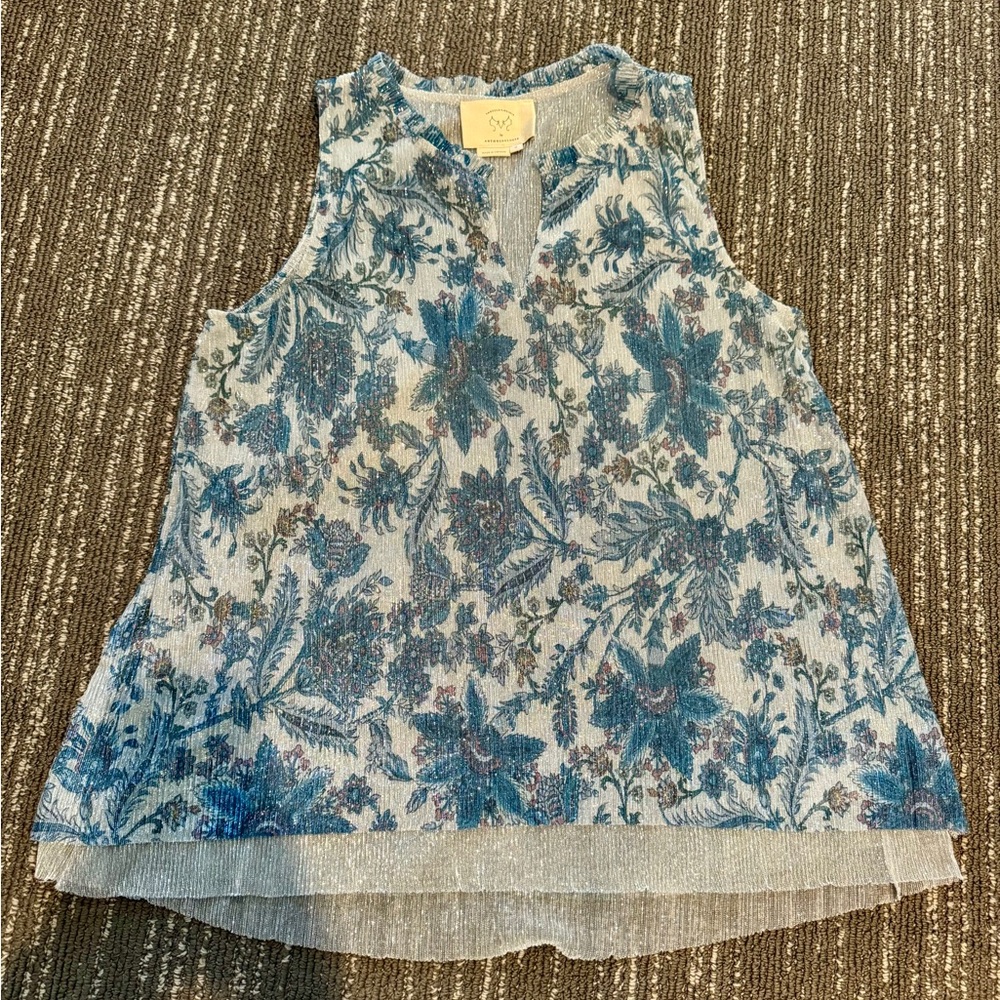 ANTHROPOLOGIE Shimmering Blue & Silver Flowy Floral Tank